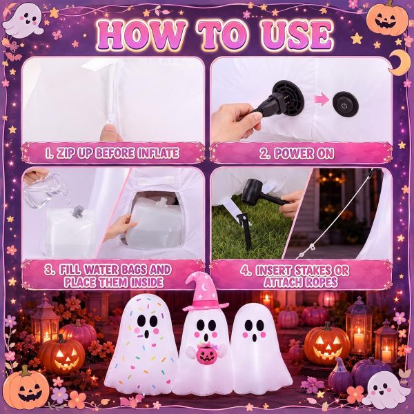 CT0440790JS_3 Junkin 6ft Tall Pink Halloween Inflatable Pastel Ghost Outdoor Decoration