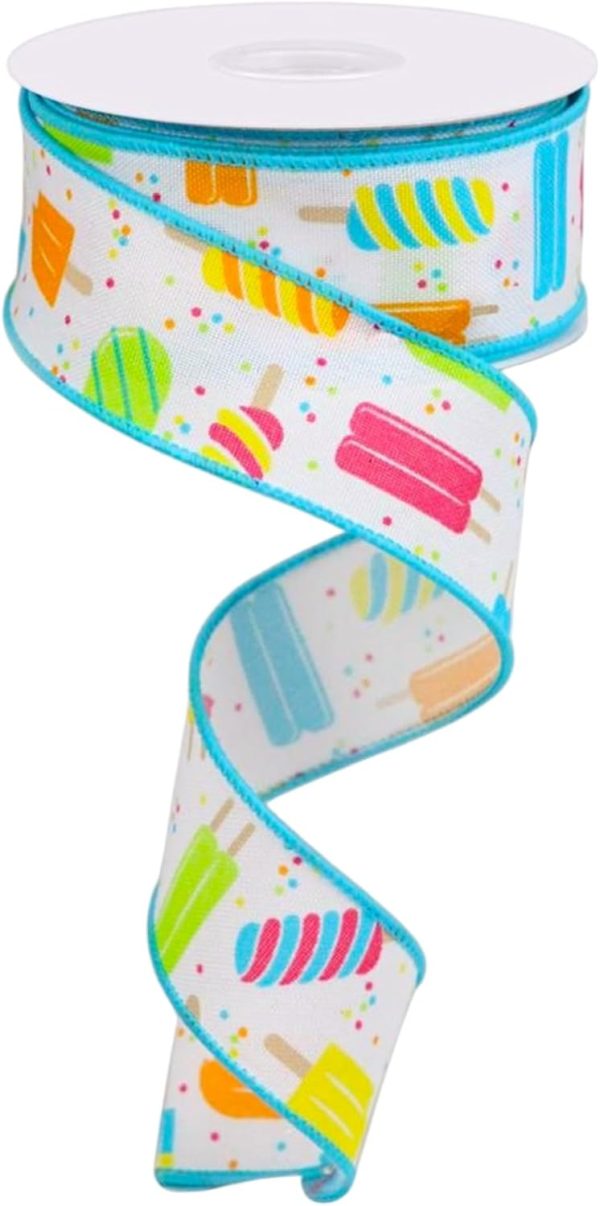 Popsicle Print Wired Edge Ribbon for Summer Bows, Wreaths, Gift Wrap, Crafts, and Decorations (1.5 Inches Wide x 10 Yards - White, Pink, Orange, Yellow, Multi - Royal Burlap)
