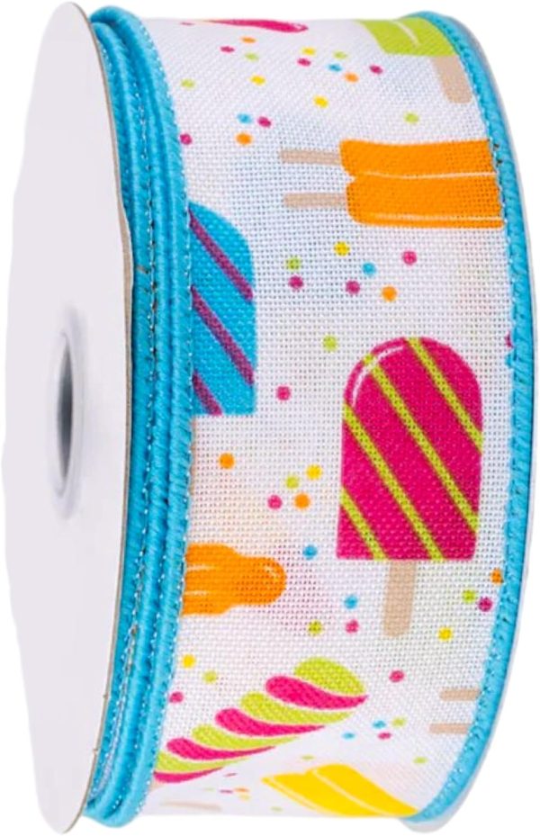 Popsicle Print Wired Edge Ribbon for Summer Bows, Wreaths, Gift Wrap, Crafts, and Decorations (1.5 Inches Wide x 10 Yards - White, Pink, Orange, Yellow, Multi - Royal Burlap)