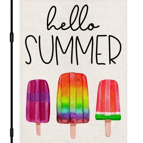 Hello Summer Ice Cream Garden Flag Burlap 12x18 Inch Double Sided, Seasonal Sign Outdoor Decor Yard Small Flags DF269