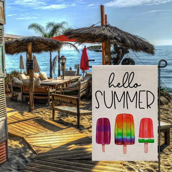 Hello Summer Ice Cream Garden Flag Burlap 12x18 Inch Double Sided, Seasonal Sign Outdoor Decor Yard Small Flags DF269
