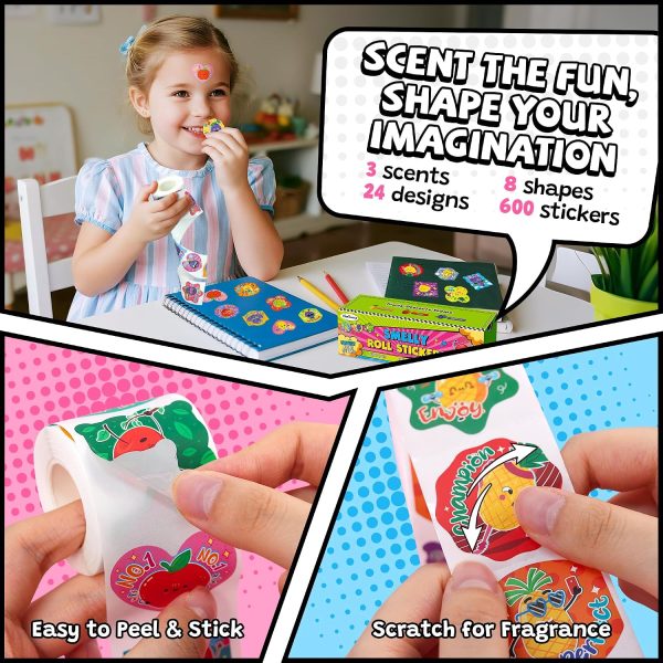 HORIECHALY 600 Pcs Scratch and Sniff Scented Stickers for Kids | 3 Rolls, 1.57 Inch; Smelly Motivational Reward Stickers; Classroom Encouragement School Stickers for Teachers, Students
