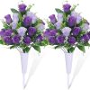 Set of 2 Artificial Cemetery Flowers, Grave Memorial Flowers with Vase, Outdoor Grave Decorations Roses for Cemetery Headstones Decoration (Purple)