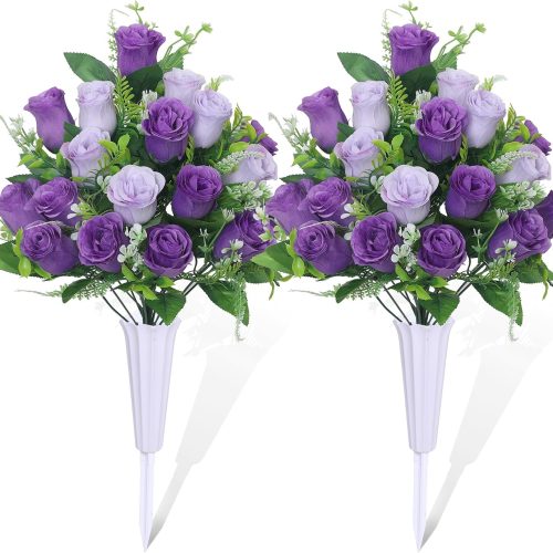 Set of 2 Artificial Cemetery Flowers, Grave Memorial Flowers with Vase, Outdoor Grave Decorations Roses for Cemetery Headstones Decoration (Purple)
