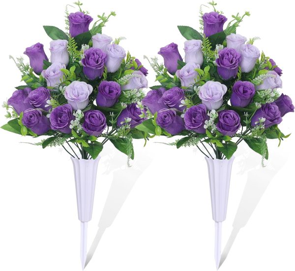 Set of 2 Artificial Cemetery Flowers, Grave Memorial Flowers with Vase, Outdoor Grave Decorations Roses for Cemetery Headstones Decoration (Purple)