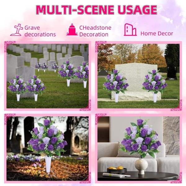 Set of 2 Artificial Cemetery Flowers, Grave Memorial Flowers with Vase, Outdoor Grave Decorations Roses for Cemetery Headstones Decoration (Purple)