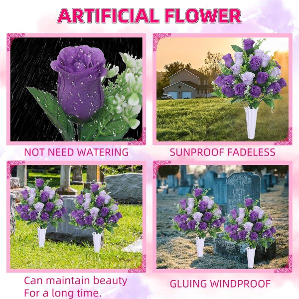 Set of 2 Artificial Cemetery Flowers, Grave Memorial Flowers with Vase, Outdoor Grave Decorations Roses for Cemetery Headstones Decoration (Purple)