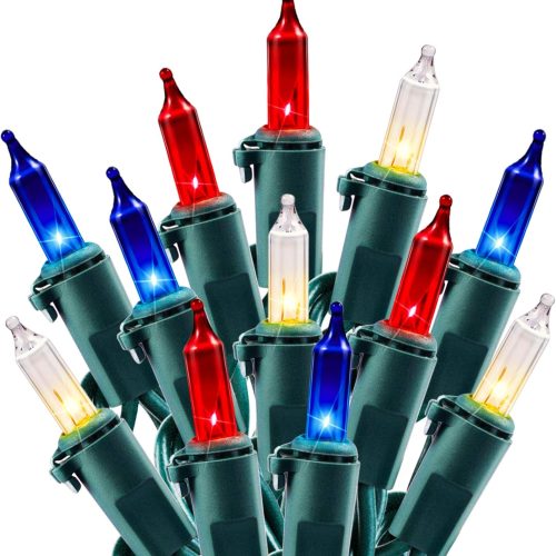 Minetom Red White Blue Christmas Lights Green Wire - 100 Count 4th July Decoration Patriotic Mini String Lights Waterproof for Indoor Outdoor Xmas Holiday Party Patio Independence Day Decoration