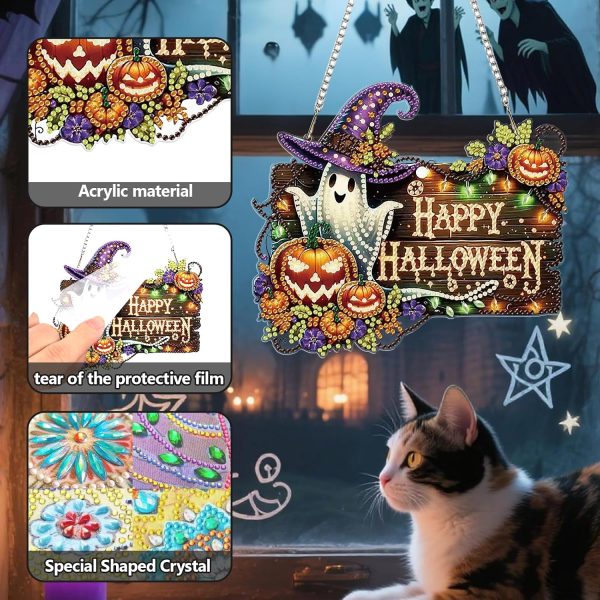 CT0506-MLD-27GT_2 AIBOERL Halloween Diamond Art Kits for Adults, Acrylic Hanging Suncatcher | Double Sided Halloween Diamond Painting, Special Shaped Diamonds, Hanging Chain,Complete DIY Craft Tools,Hanging Ornament