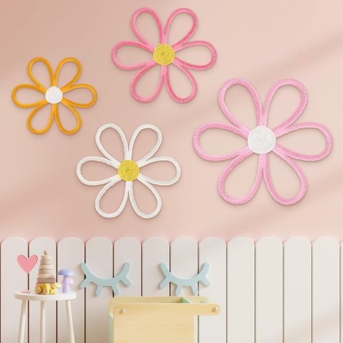 Ganeen 4 Pcs Daisy Wall Decor Bedroom Nursery Flower Boho Art | Daisy Flower Cute Boho Wall Hanging Art Colorful Pastel Pink Yellow floral Bohemian Room Decorations Nursery