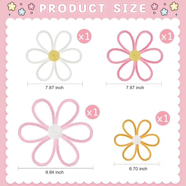 Ganeen 4 Pcs Daisy Wall Decor Bedroom Nursery Flower Boho Art | Daisy Flower Cute Boho Wall Hanging Art Colorful Pastel Pink Yellow floral Bohemian Room Decorations Nursery