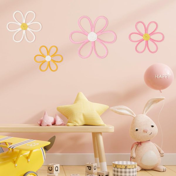 Ganeen 4 Pcs Daisy Wall Decor Bedroom Nursery Flower Boho Art | Daisy Flower Cute Boho Wall Hanging Art Colorful Pastel Pink Yellow floral Bohemian Room Decorations Nursery
