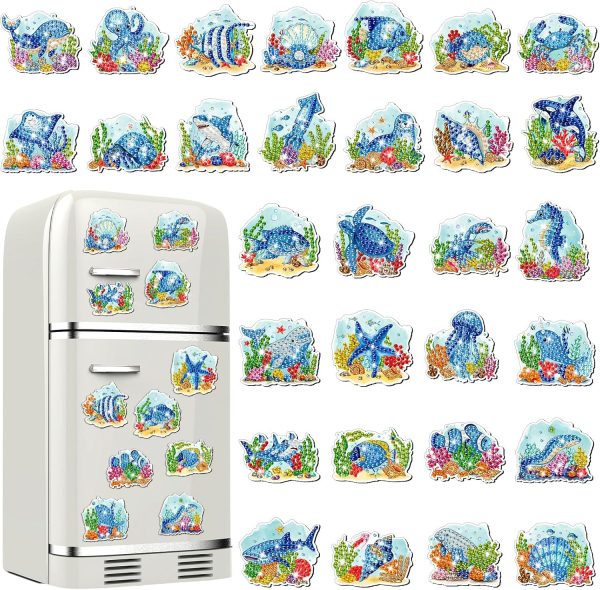 Xuhal 30 Pcs Summer Diamond Painting Magnets Ocean Animal Diamond Art Magnet Kits for Adults 5D Rhinestone Beach Under The Sea Animal Refrigerator Magnetic Sticker for DIY Craft Fridge Ocean Gifts
