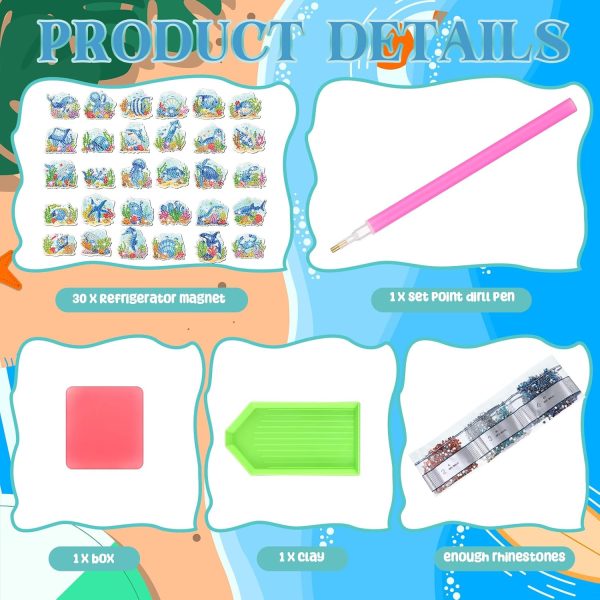 Xuhal 30 Pcs Summer Diamond Painting Magnets Ocean Animal Diamond Art Magnet Kits for Adults 5D Rhinestone Beach Under The Sea Animal Refrigerator Magnetic Sticker for DIY Craft Fridge Ocean Gifts