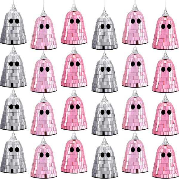 Simgoing 24 Pcs Summer Halloween Disco Ghosts Decor Halloween Ornament Silver Mirror Disco Skeleton Tabletop Centerpiece for Holiday Cosplay Home Props Gift Party Decorations (Pink)