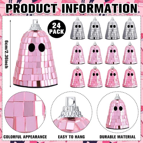Simgoing 24 Pcs Summer Halloween Disco Ghosts Decor Halloween Ornament Silver Mirror Disco Skeleton Tabletop Centerpiece for Holiday Cosplay Home Props Gift Party Decorations (Pink)