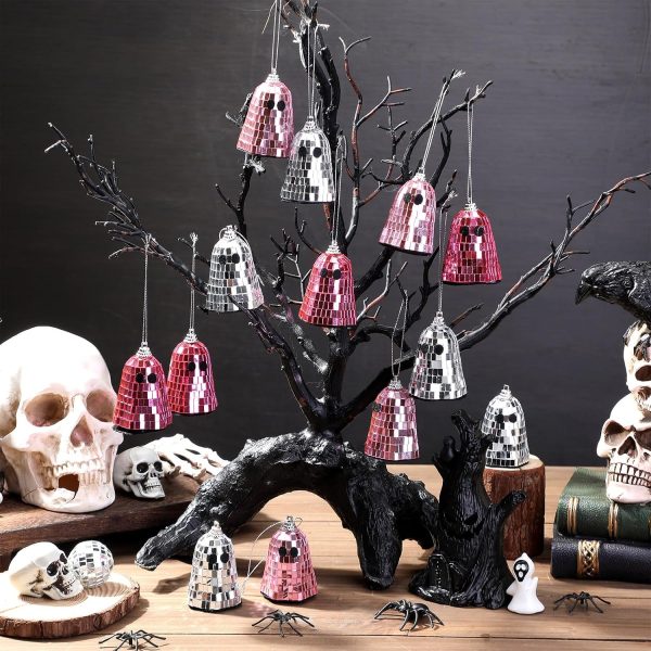 Simgoing 24 Pcs Summer Halloween Disco Ghosts Decor Halloween Ornament Silver Mirror Disco Skeleton Tabletop Centerpiece for Holiday Cosplay Home Props Gift Party Decorations (Pink)