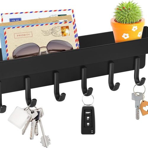 VIS'V Key Holder Wall Mount, Adhesive Key Rack with Tray, 6 Hooks, Black | 2 Mount Options, Compact Discreet Design, Suitable for Entryway, Hallway, Doorway, Kitchen, Garage, Camper
