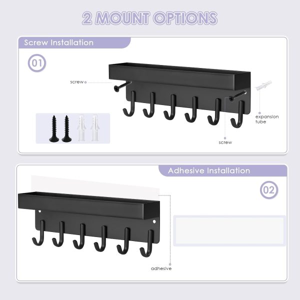 VIS'V Key Holder Wall Mount, Adhesive Key Rack with Tray, 6 Hooks, Black | 2 Mount Options, Compact Discreet Design, Suitable for Entryway, Hallway, Doorway, Kitchen, Garage, Camper