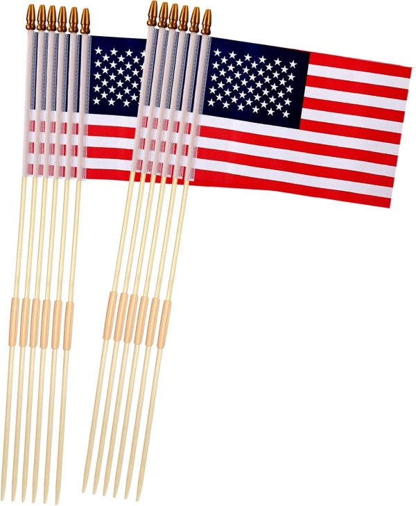12 Pack 8x12 Inch American Flags on Stick, American Flag for Outside | US Handheld Flags with Grounded Multi-Purpose Flagpole, 250th Anniversary, 4th of July Decorations, Labor Day Patriotic Decor
