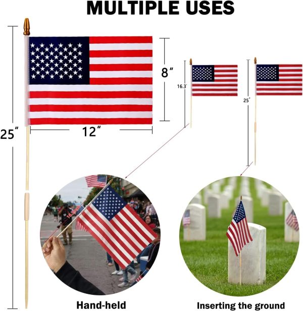 12 Pack 8x12 Inch American Flags on Stick, American Flag for Outside | US Handheld Flags with Grounded Multi-Purpose Flagpole, 250th Anniversary, 4th of July Decorations, Labor Day Patriotic Decor