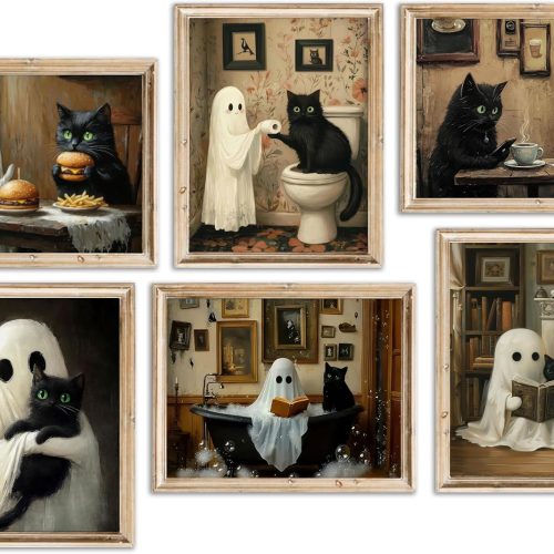 6Pcs Halloween Ghosts Wall Art Ghost Black Cat Funny Gothic Wall Decor Pictures Retro Horror Creepy Dark Academia Poster Prints for Bedroom Gallery Bar Home Decoration 8x10in Unframed