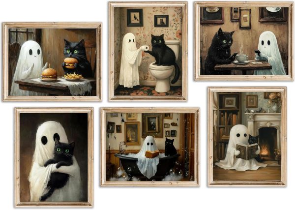 6Pcs Halloween Ghosts Wall Art Ghost Black Cat Funny Gothic Wall Decor Pictures Retro Horror Creepy Dark Academia Poster Prints for Bedroom Gallery Bar Home Decoration 8x10in Unframed
