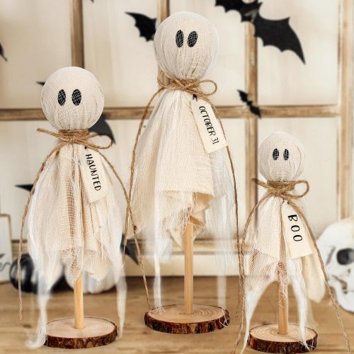 Indoor Halloween Decor, 3 Set Primitive Halloween Ghosts on Wooden Stand | Halloween Decorations for Table Centerpieces, Shelves, and Mantels
