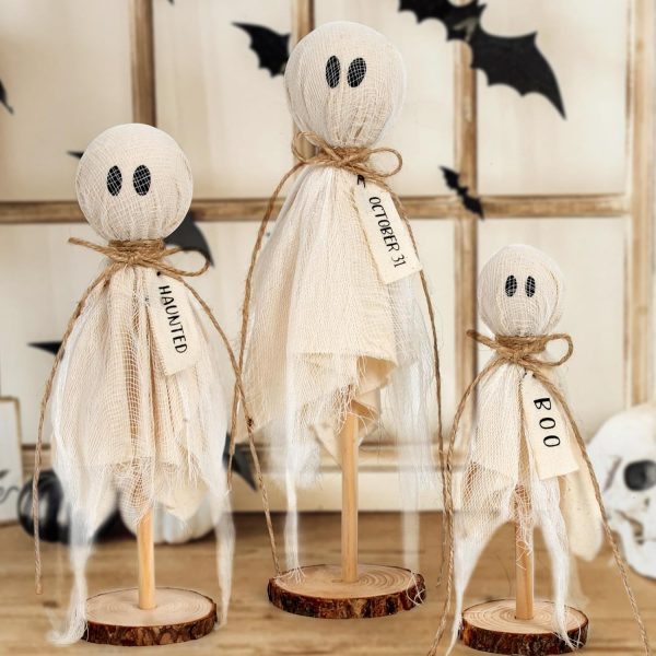 CT0619-FBR-177GT_1 Indoor Halloween Decor, 3 Set Primitive Halloween Ghosts on Wooden Stand | Halloween Decorations for Table Centerpieces, Shelves, and Mantels