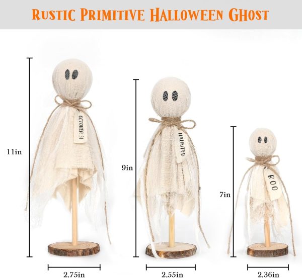 CT0619-FBR-177GT_3 Indoor Halloween Decor, 3 Set Primitive Halloween Ghosts on Wooden Stand | Halloween Decorations for Table Centerpieces, Shelves, and Mantels