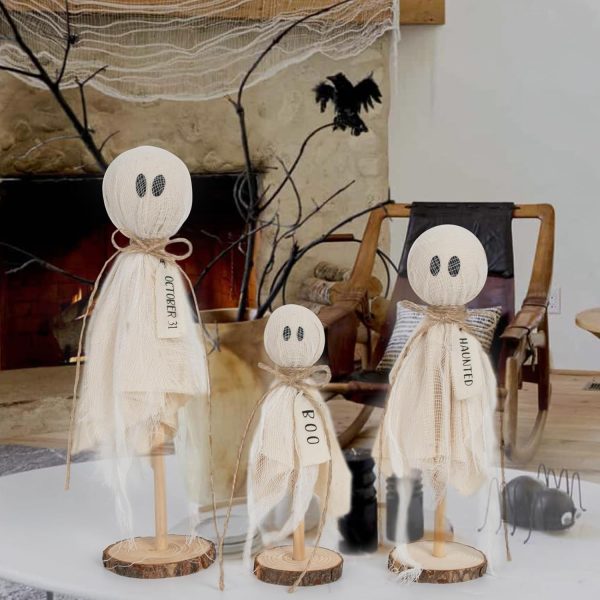 CT0619-FBR-177GT_4 Indoor Halloween Decor, 3 Set Primitive Halloween Ghosts on Wooden Stand | Halloween Decorations for Table Centerpieces, Shelves, and Mantels