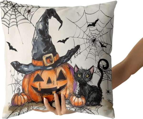 Giwawa Halloween Pillow Covers Set of 2- Rustic Spooky Pumpkin Black Cat Cotton Double Sided Throw Pillow Cases- Gothic Spider Web Bats Soft Cushion Cover 18"x18" for Sofa Porch Holiday Decor