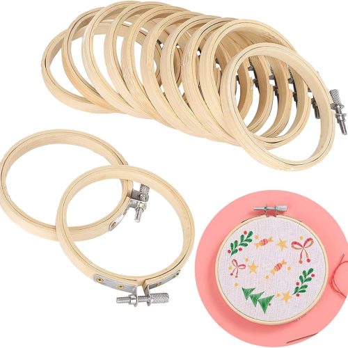 12 Pack 3.5 Inch Bamboo Embroidery Hoops, Adjustable Circle Rings for Cross Stitch Sewing Needlepoint, Wooden Embroidery Frame Set for Beginners and Craft Projects