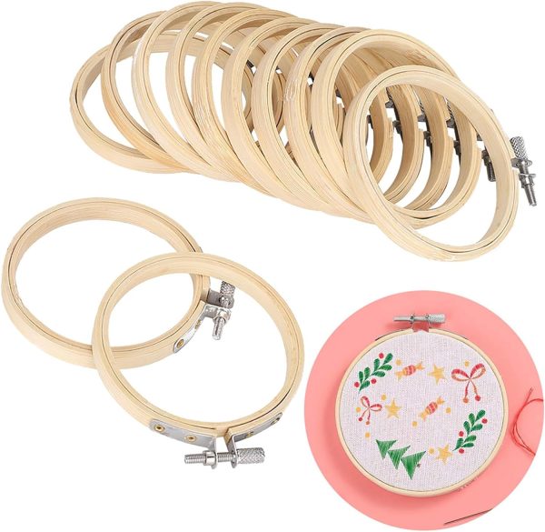 12 Pack 3.5 Inch Bamboo Embroidery Hoops, Adjustable Circle Rings for Cross Stitch Sewing Needlepoint, Wooden Embroidery Frame Set for Beginners and Craft Projects