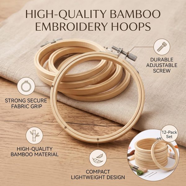 12 Pack 3.5 Inch Bamboo Embroidery Hoops, Adjustable Circle Rings for Cross Stitch Sewing Needlepoint, Wooden Embroidery Frame Set for Beginners and Craft Projects