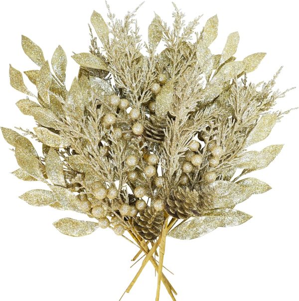 CT07013BTS217GT_1 Winlyn 24 Pcs Christmas Glitter Artificial Leaf Picks Pine Needles Pinecone Berries Stems Champagne Glittered Christmas Tree Sprays for Holiday Floral Arrangements Centerpiece DIY Wreaths Garlands