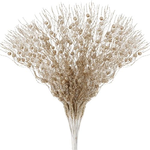 24 Pack Champagne Christmas Tree Picks and Sprays | Christmas Glitter Berry Stem Ornaments, Glittery Twigs, Picks, Branches for Xmas Tree, Party and Wedding Arrangements