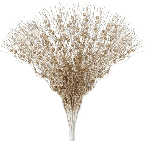 24 Pack Champagne Christmas Tree Picks and Sprays | Christmas Glitter Berry Stem Ornaments, Glittery Twigs, Picks, Branches for Xmas Tree, Party and Wedding Arrangements