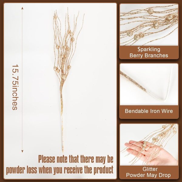 24 Pack Champagne Christmas Tree Picks and Sprays | Christmas Glitter Berry Stem Ornaments, Glittery Twigs, Picks, Branches for Xmas Tree, Party and Wedding Arrangements