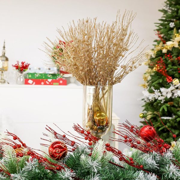 24 Pack Champagne Christmas Tree Picks and Sprays | Christmas Glitter Berry Stem Ornaments, Glittery Twigs, Picks, Branches for Xmas Tree, Party and Wedding Arrangements
