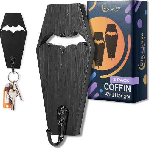 Ella & Emma Wall Mounted Coffin-Shaped Key Holder - Gothic Home Decor Wall Hanger with Hook - Gothic & Spooky Halloween Decor for Home - 2 Pieces (COFFIN & BAT)