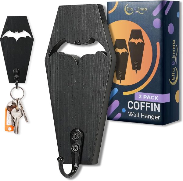 Ella & Emma Wall Mounted Coffin-Shaped Key Holder - Gothic Home Decor Wall Hanger with Hook - Gothic & Spooky Halloween Decor for Home - 2 Pieces (COFFIN & BAT)