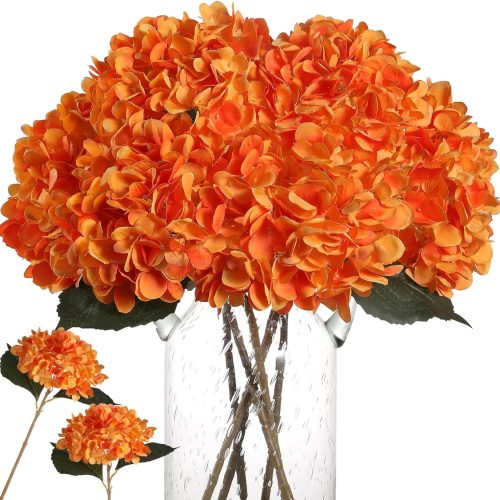 Kisflower Orange Hydrangea Artificial Flowers - 6pcs Faux Hydrangea Flowers, Fake Flowers for Table Centerpiece, Silk Hydrangea Flowers with Stems for Home Wedding Party Decor