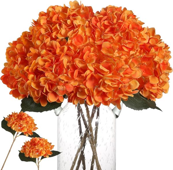 Kisflower Orange Hydrangea Artificial Flowers - 6pcs Faux Hydrangea Flowers, Fake Flowers for Table Centerpiece, Silk Hydrangea Flowers with Stems for Home Wedding Party Decor