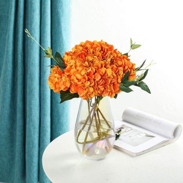 Kisflower Orange Hydrangea Artificial Flowers - 6pcs Faux Hydrangea Flowers, Fake Flowers for Table Centerpiece, Silk Hydrangea Flowers with Stems for Home Wedding Party Decor
