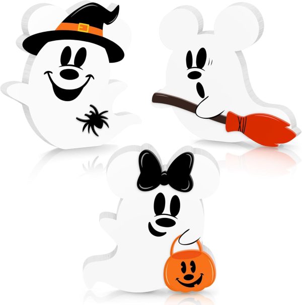 Halloween Mouse Shaped Cute Ghost Table Decor, 3 Pcs White Ghost Wooden Signs, Witch Pumpkin Spider Wood Centerpiece Tabletop Ornament for Holiday Tiered Tray Halloween Party Decoration