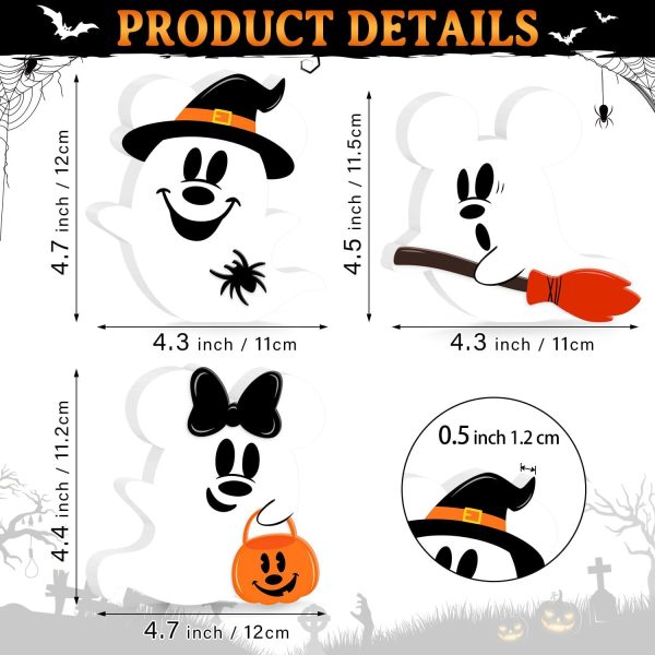 Halloween Mouse Shaped Cute Ghost Table Decor, 3 Pcs White Ghost Wooden Signs, Witch Pumpkin Spider Wood Centerpiece Tabletop Ornament for Holiday Tiered Tray Halloween Party Decoration