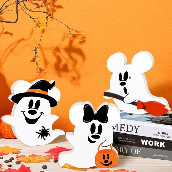 Halloween Mouse Shaped Cute Ghost Table Decor, 3 Pcs White Ghost Wooden Signs, Witch Pumpkin Spider Wood Centerpiece Tabletop Ornament for Holiday Tiered Tray Halloween Party Decoration