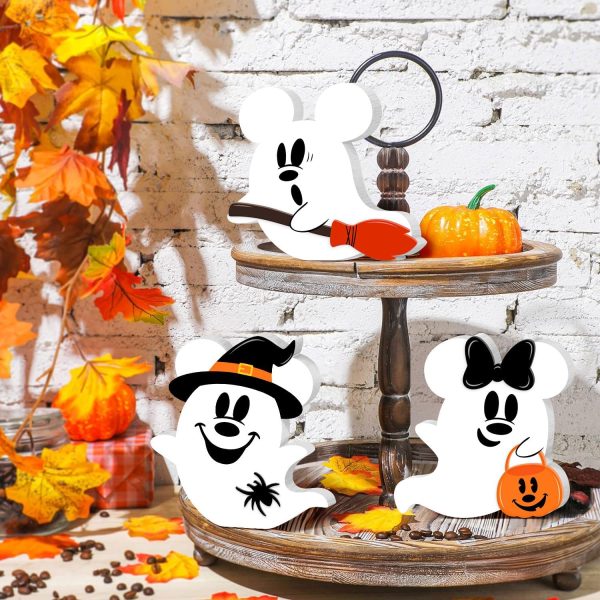 Halloween Mouse Shaped Cute Ghost Table Decor, 3 Pcs White Ghost Wooden Signs, Witch Pumpkin Spider Wood Centerpiece Tabletop Ornament for Holiday Tiered Tray Halloween Party Decoration