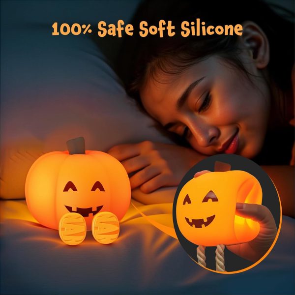 YISSVIC Cute Pumpkin Night Light Rechargeable Halloween Decor Pumpkin Lamp | Squishy Silicone 3-Level Dimmable Brightness Touch Control 30-Minute Timer, for Kids Family Bedroom Fall Decorations